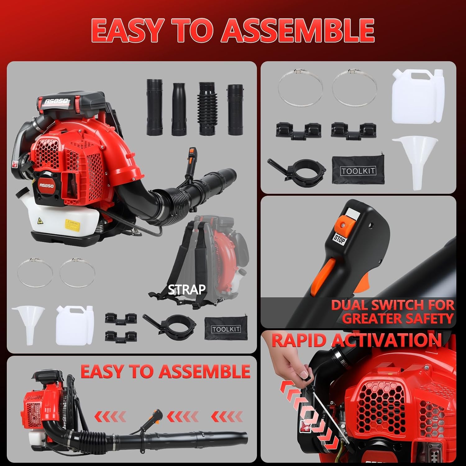 Backpack Leaf Blower, 80CC Gas Backpack Leaf Blower with 900CFM/230MPH 2-Stroke Engine for Commercial Lawn Care, Yard Debris & Snow Removal, Ergonomic Lightweight Design Red