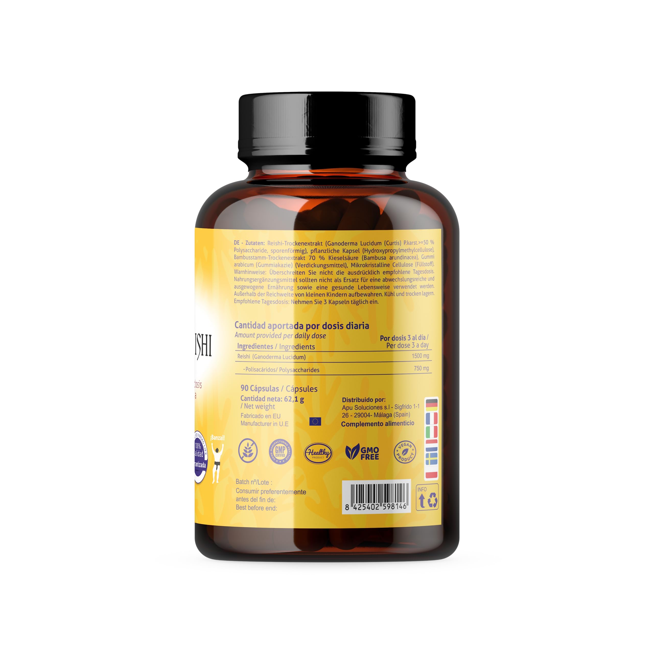 Reishi Puro Cápsulas 1500 mg Ganoderma Lucidum Rojo Extracto Concentrado 20:1 con 50% Polisacáridos Beta Glucanos 90 Cápsulas Veganas. KinokoReishi