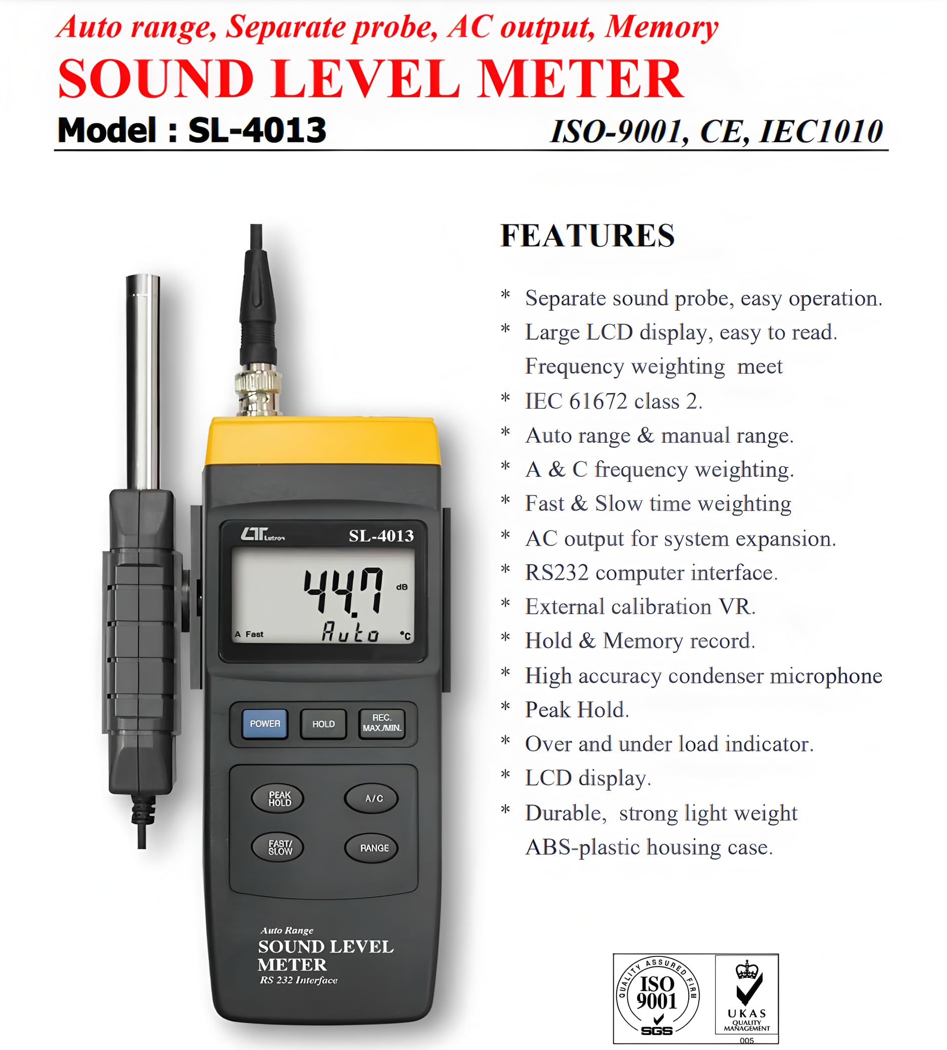 i-POOK Medidor de nivel sonoro SL-4013, 30 a 130 dB, medidor de decibelios, medidor de ruido, rango automático, sonda separada, salida CA, funciones de memoria, medidor de dB, detector de volumen,