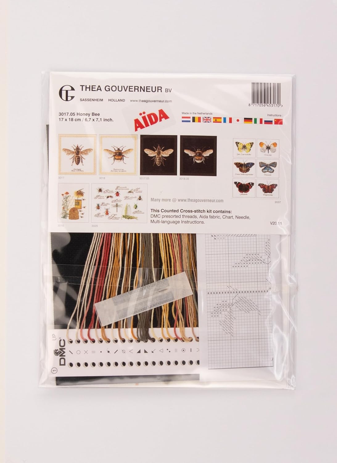 Thea Gouverneur Honey Bee Cross Stitch Kit - 16 Count Aida Black - Complete Embroidery Kit for Adults - Includes DMC Threads. Needle. and Instructions - Premium Cross Stitch Supplies - 3017.05