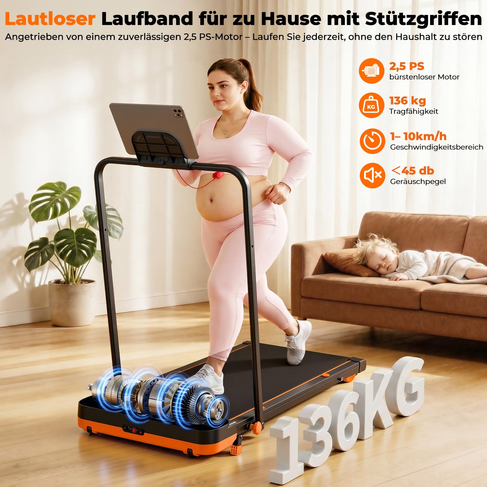 Laufband für Zuhause mit 5 Reha & 5 Vibrationsstufen, 6 in 1 Klappbares Walking Pad, 7% Steigung, 2,5 PS Motor (<40 dB), 1-10km/h Laufband Schreibtisch, Smart App, Fernbedienung, Schwarz