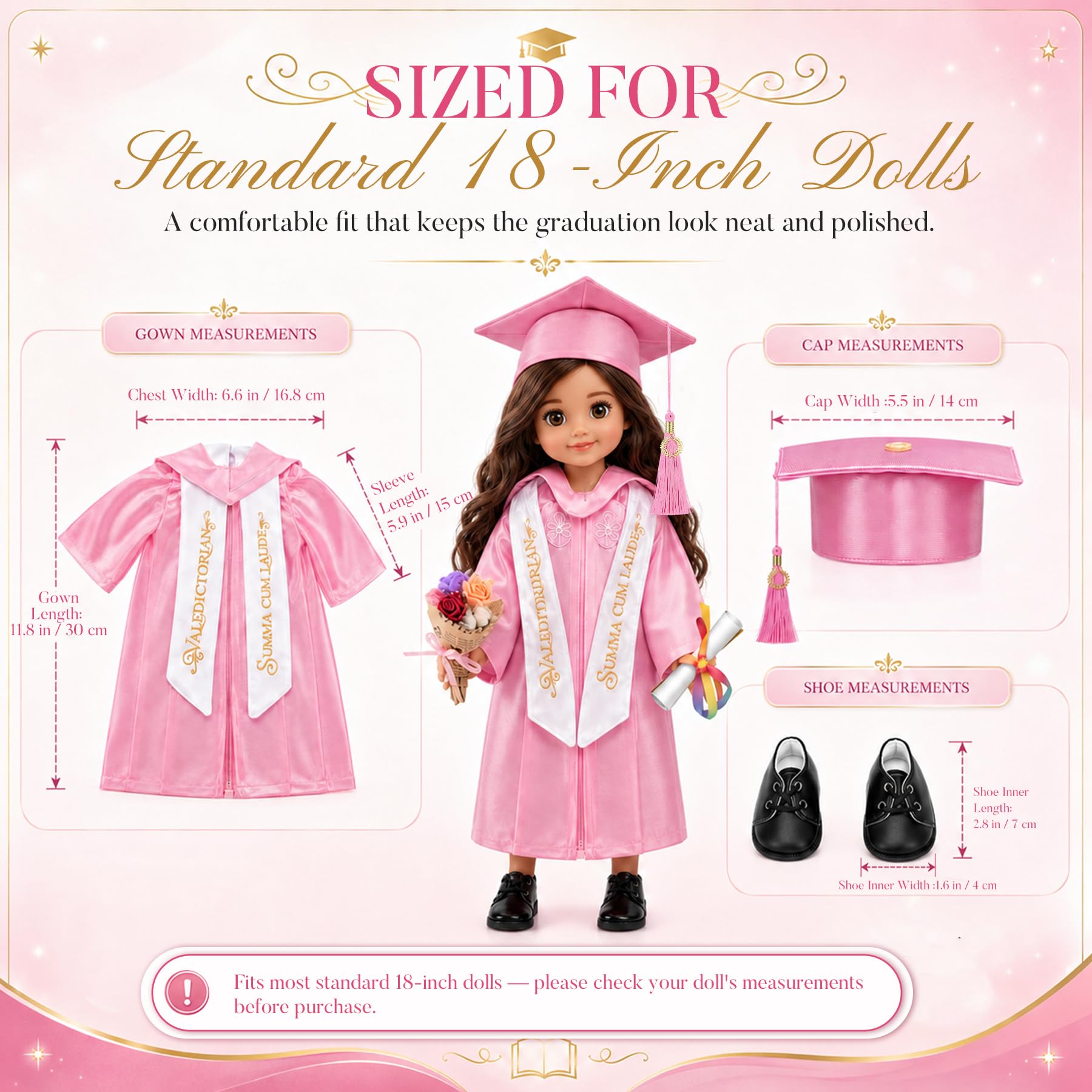 Juego de 8 piezas de ropa y accesorios para muñecas de 18 pulgadas, traje de satén de primera calidad con zapatos, estola bordada, diploma y ramo, rosa