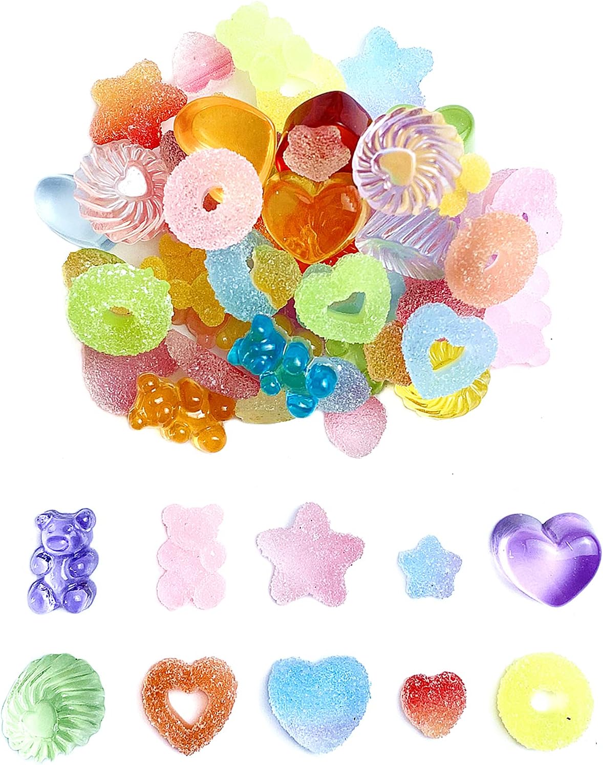 LIMAOLLY 60 Pieces Mix Candy Resin Slime Charms Heart Star Candy Bear Flatback Fake Candy Embellishments for DIY Scrapbooking Cell Phone Case Hair Clip Easter DIY Craft Making