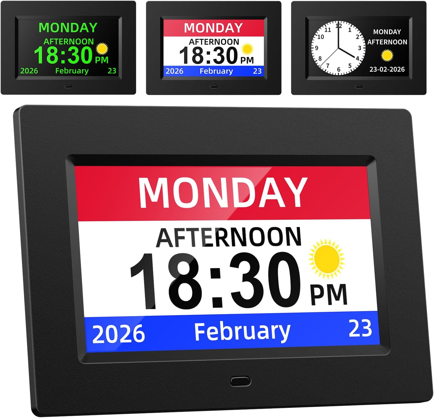 7 Inch Digital Calendar Clock for Seniors, Extra Large Display with Non-Abbreviated Day & Month, Auto-Dimming & Medication Reminders for Vision Impaired (Black)