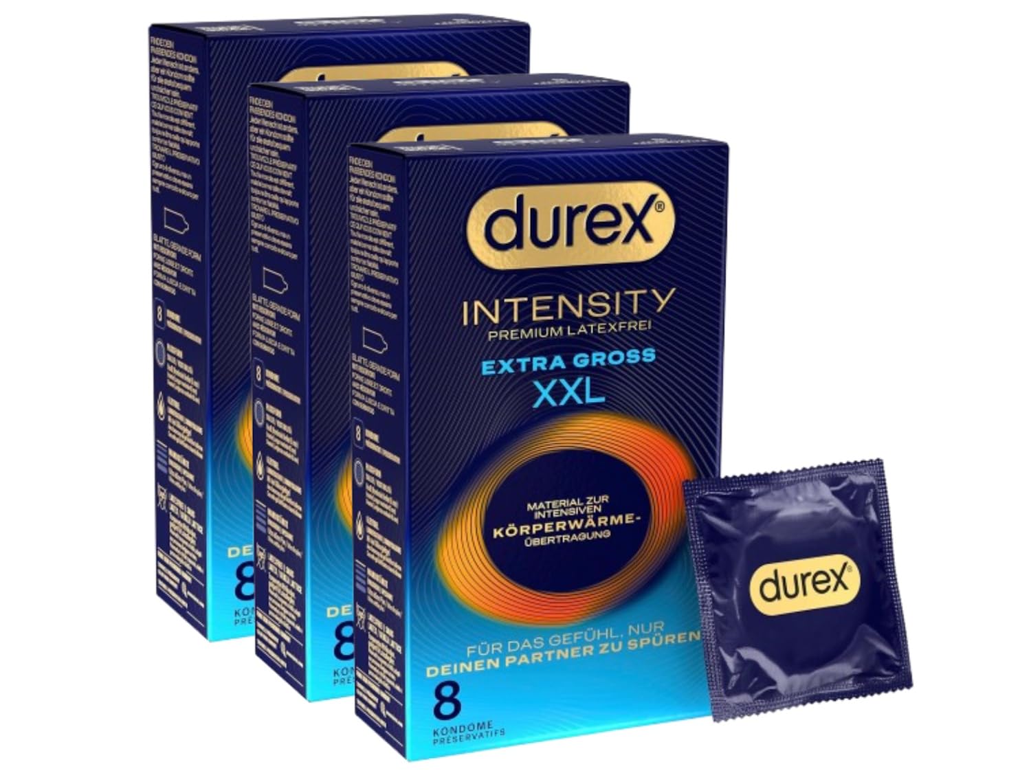 Durex Intensity Extra Groß XXL Kondome - Ultra dünn plus für intensive Körperwärmeübertragung - Mit viel Silikongleitgel befeuchtet - Ohne Latex - 24er Pack (3 x 8 Stück)