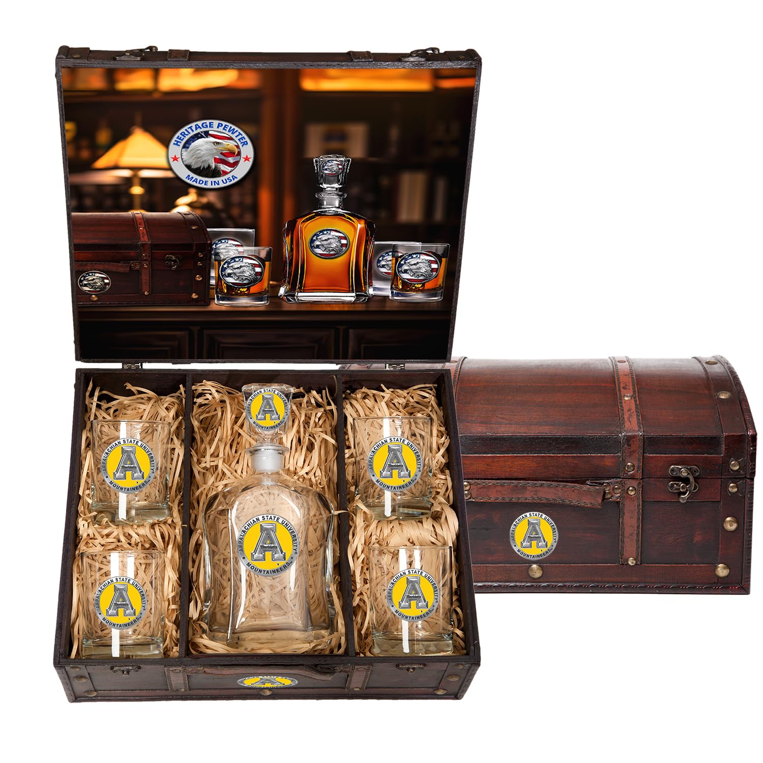 Heritage Pewter Appalachian State Capitol Decanter Chest Set | 24 OZ Liquor Pourer with 4 Double Old-Fashioned Glasses | Expertly Crafted Pewter Glass