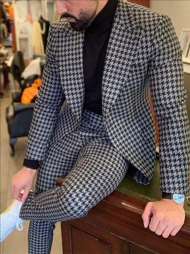 Men's Houndstooth Dogstooth 2 Pieces Suit Tweed Plaid Slim Fit Tuxedos Set Work Wedding Business Jacket Blazer Pants3