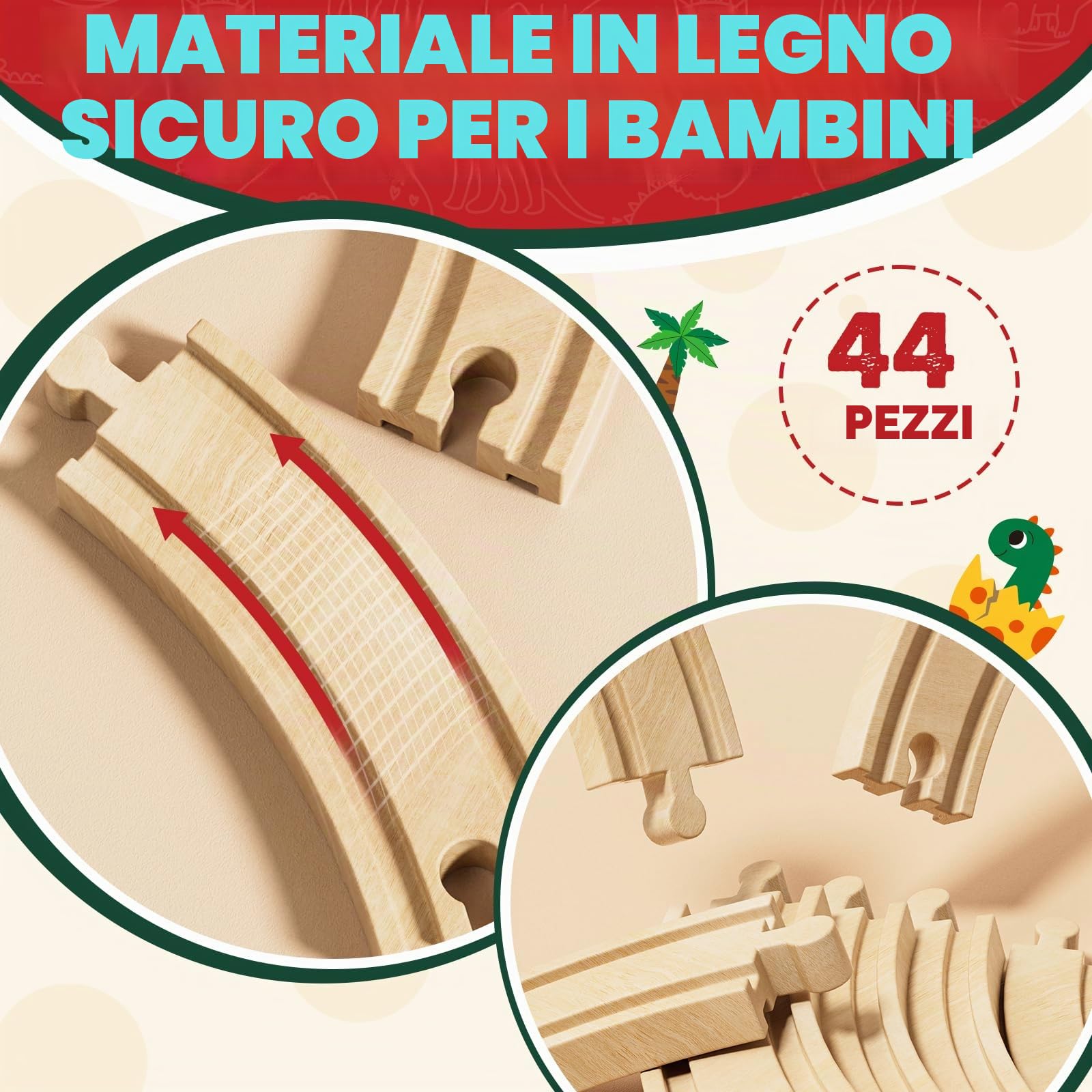 Lehoo Castle Treno in legno, dinosauro giocattolo per bambini 3+ anni | Treno Dino con 2 carri, tunnel vulcano, gru magnetica, compatibile con binari in legno, regalo per ragazze e ragazzi
