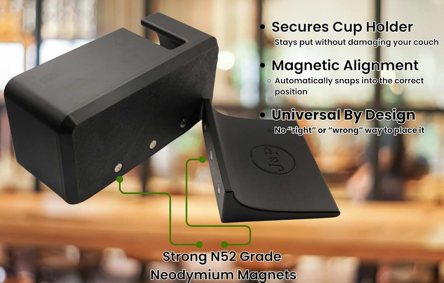 J&P Magnetic Single Couch Cup Holder & Organizer, Black, No Spill Sofa Caddy with Cushion Insert Magnetic Base, Fits Large Water Bottles & Mugs, Includes Free Swivel Phone & Can Holder - Image 5