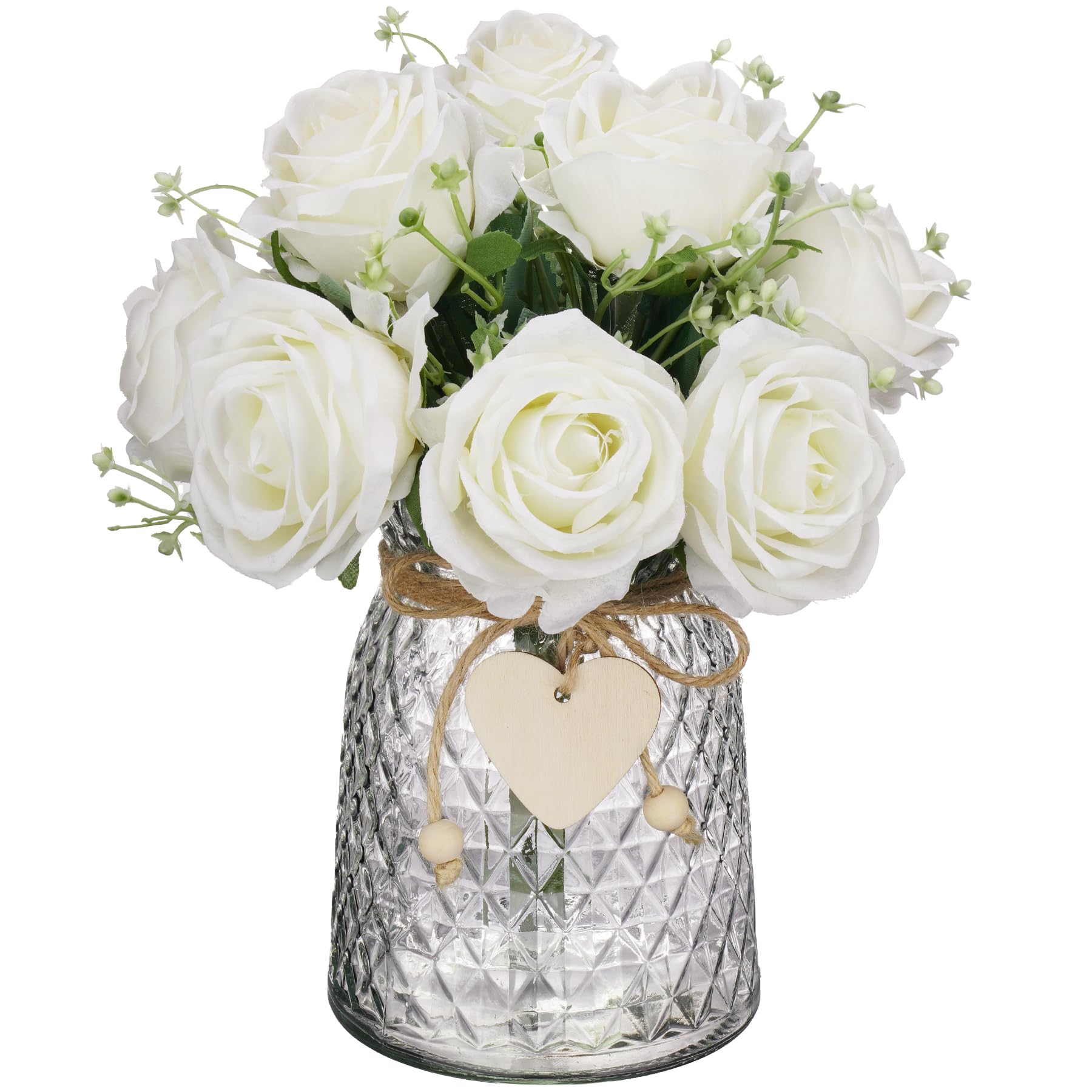 NiHome Künstliche Blumen mit Vase, Realistische Seidenblumen mit Herz- und Kugelanhängern, Dekorative Blumen für Esstisch, Couchtisch, Wohnzimmer, Badezimmer, Büro und Hochzeitsparty (Weiß)