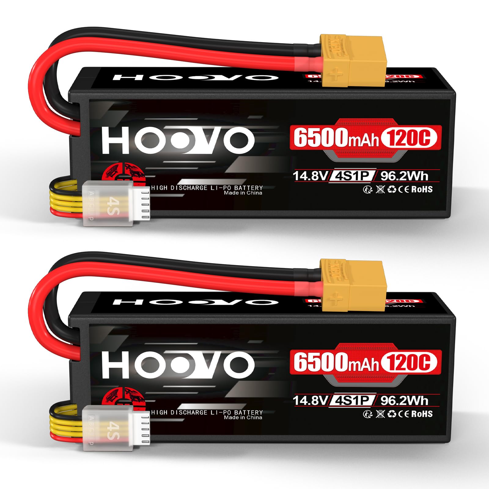 HOOVO 4S Lipo Akku 14,8V 6500mAh 120C RC Battery Hardcase mit XT90 Stecker für RC Buggy Truggy Crawler Monster Car Boat Racing Drone UAV Drohne FPV Hobby(2 Stück)