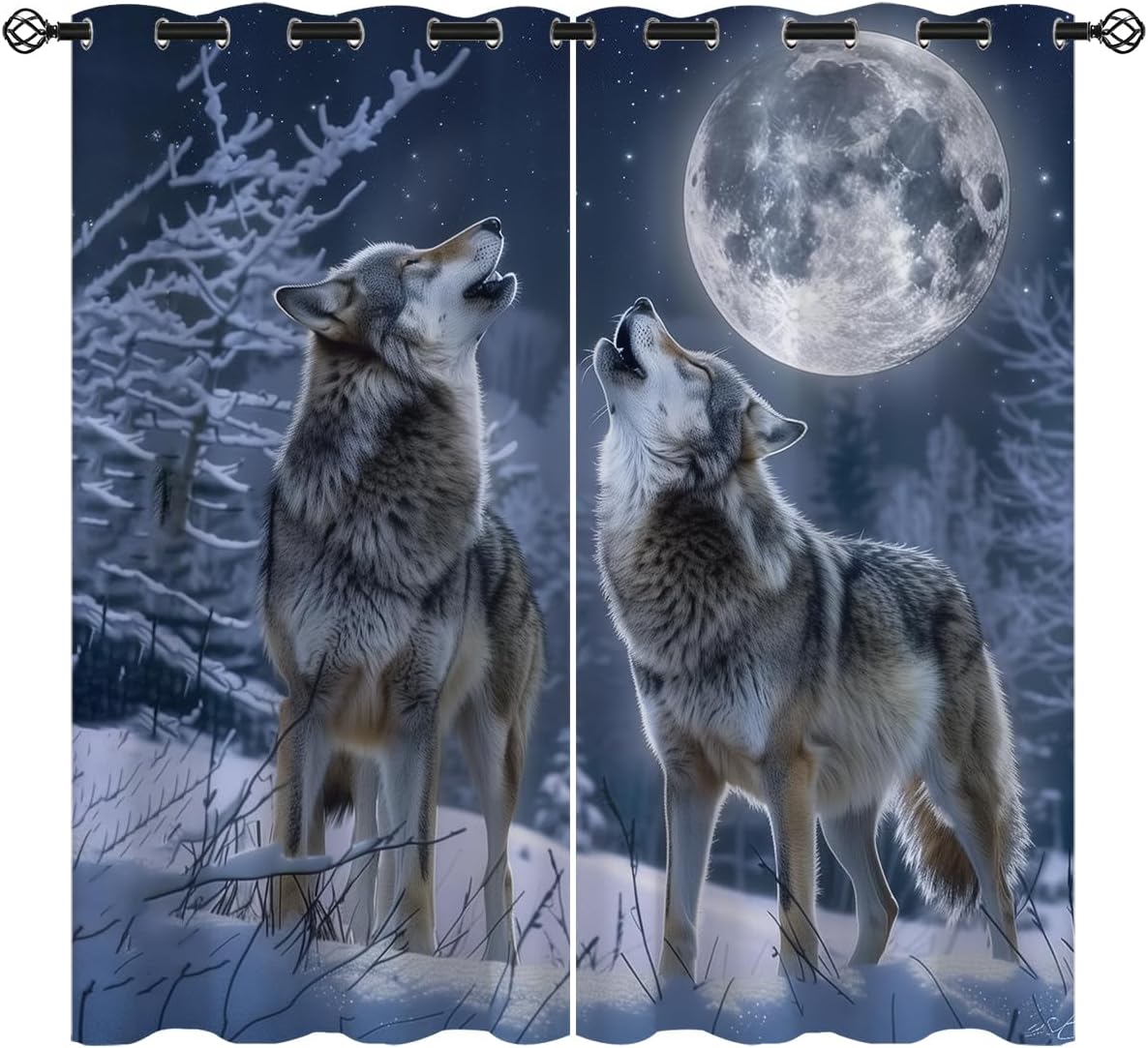 Wolf Blackout Curtains for Girls Boys Kids Teens Home Decor, The Wolf Howls Moon Night Snow Grommet Thermal Insulated Drapes Darkening Window Curtain for Bedroom Living Room, 42 x 63 Inch