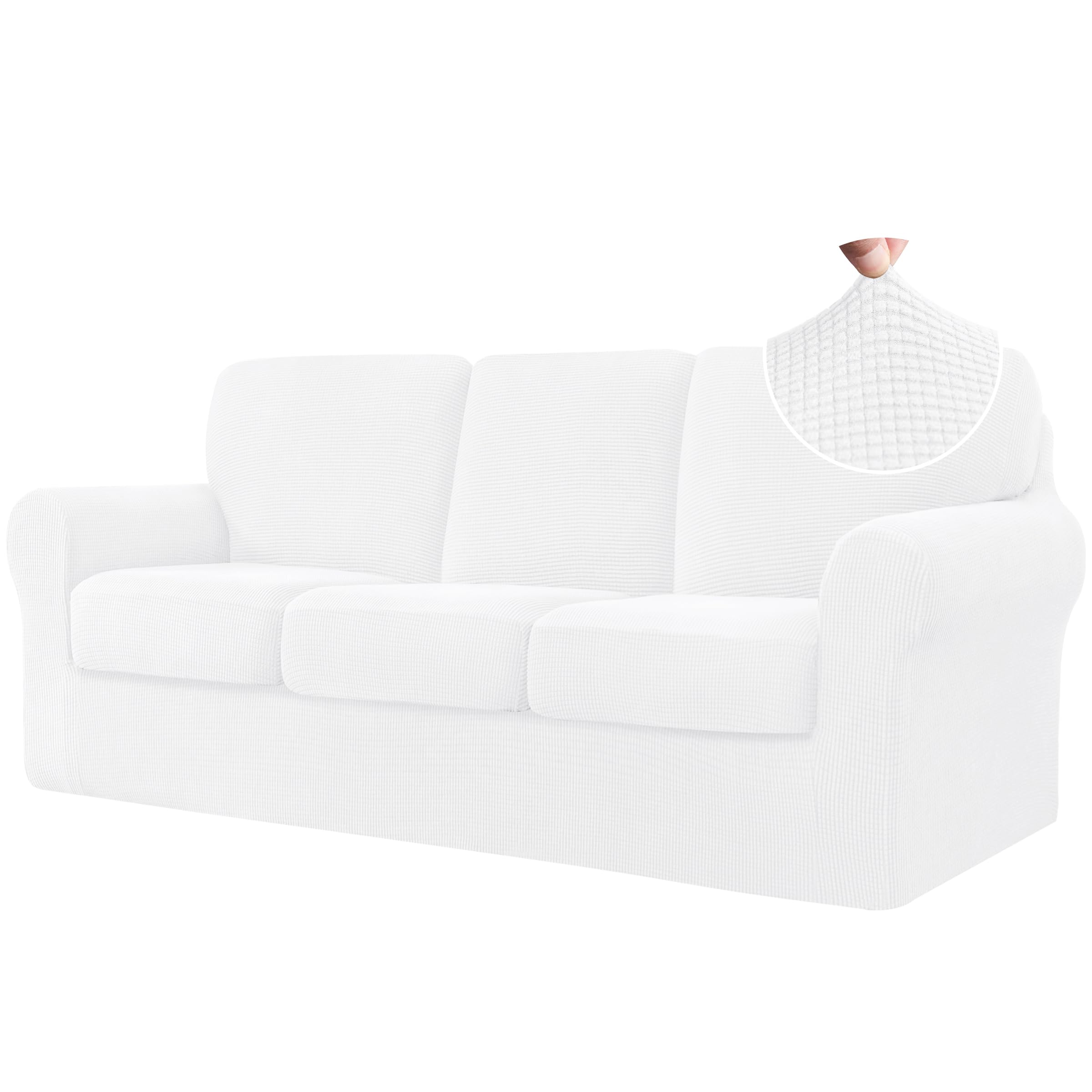 CHUN YI 7 Piece Stretch Sofa Cover, 3 Seater Couch Slipcover with Three Separate Backrests and Cushions with Elastic Band, Checks Spandex Jacquard Fabric(Large,White)