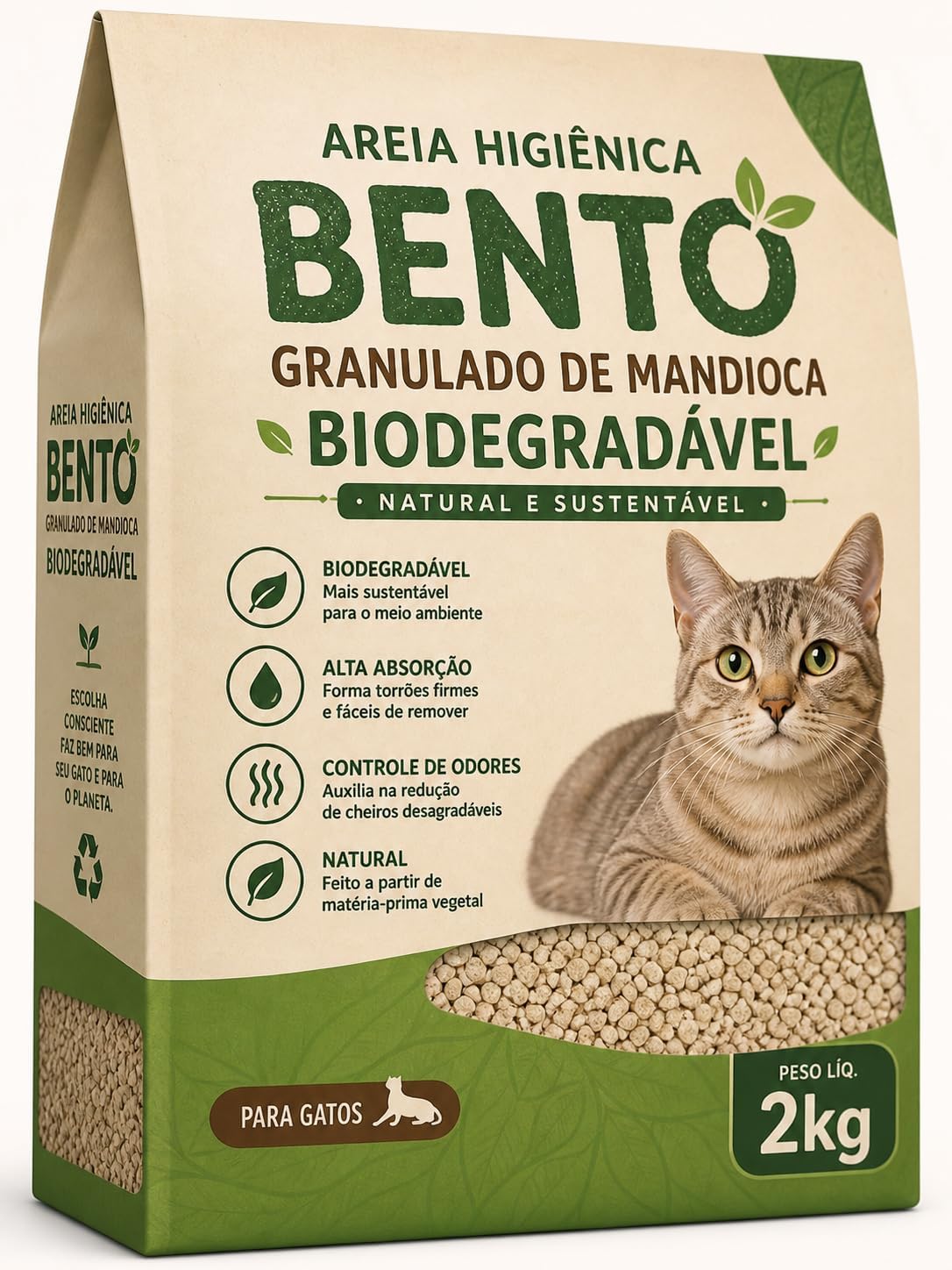 Areia Sanitária Higiênica para Gatos 2kg Biodegradável de Mandioca Alto Poder de Absorção Natural sem Perfume Torrão Firme Baixa Poeira para Caixa de Areia e Ajuda no Controle de Odores