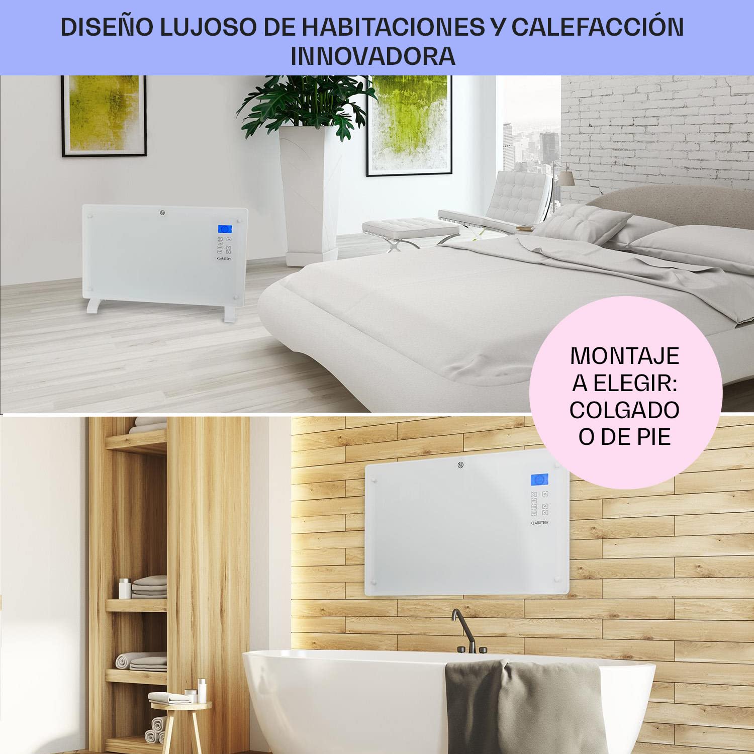 Klarstein Radiadores Bajo Consumo Electricos para Casa, Estufa Electrica de 2000W con Ruedas, Radiador Electrico Silencioso, Portátil y Delgado, Estufas con Panel para Pared, Pantalla y Termostato