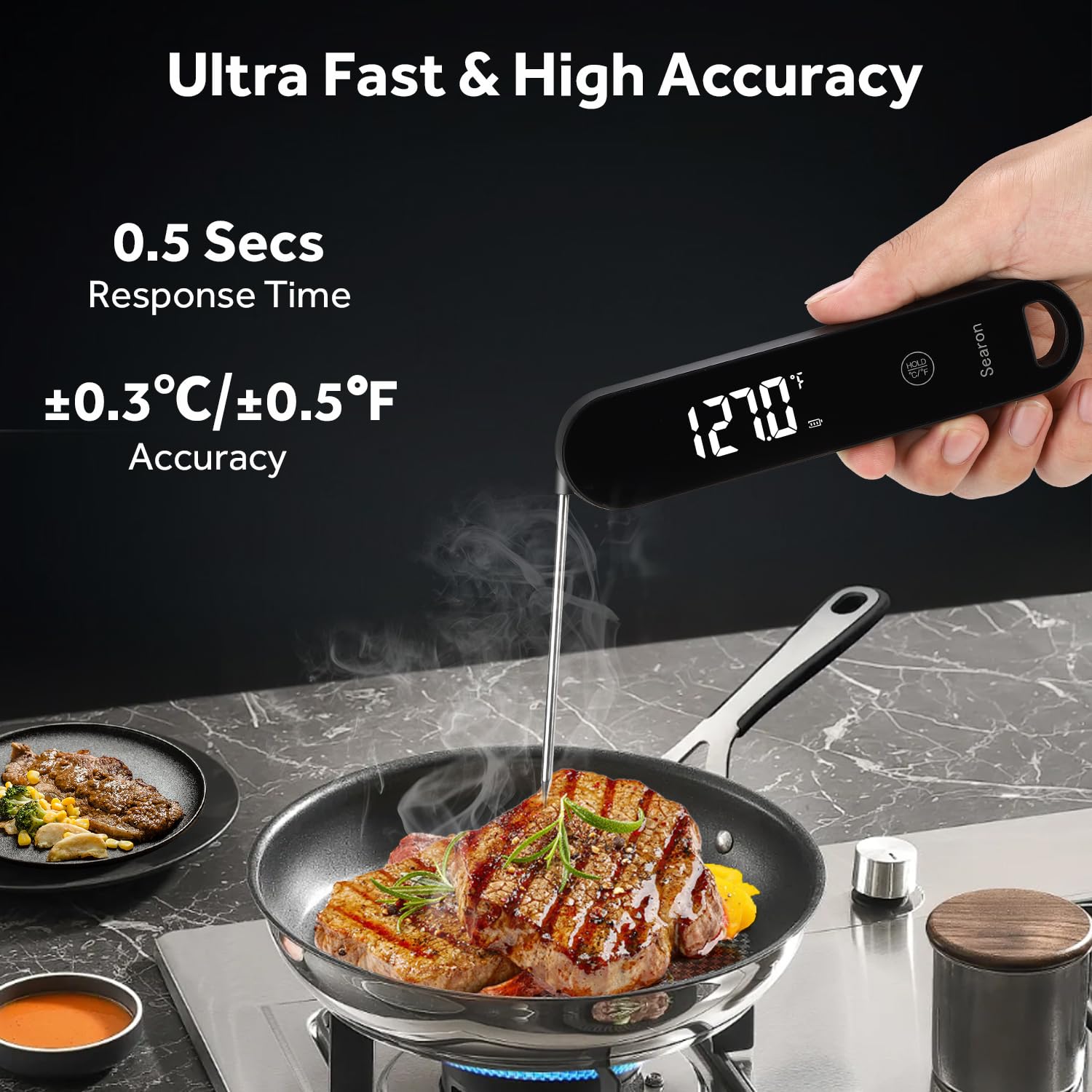 Searon 0.5S Instant Read Digital Meat Thermometer, Electric Food Thermometer Kitchen Essentials Gadgets Waterproof for Grilling Airfryer Cooking BBQ Baking Oil Deep Fry Smoker