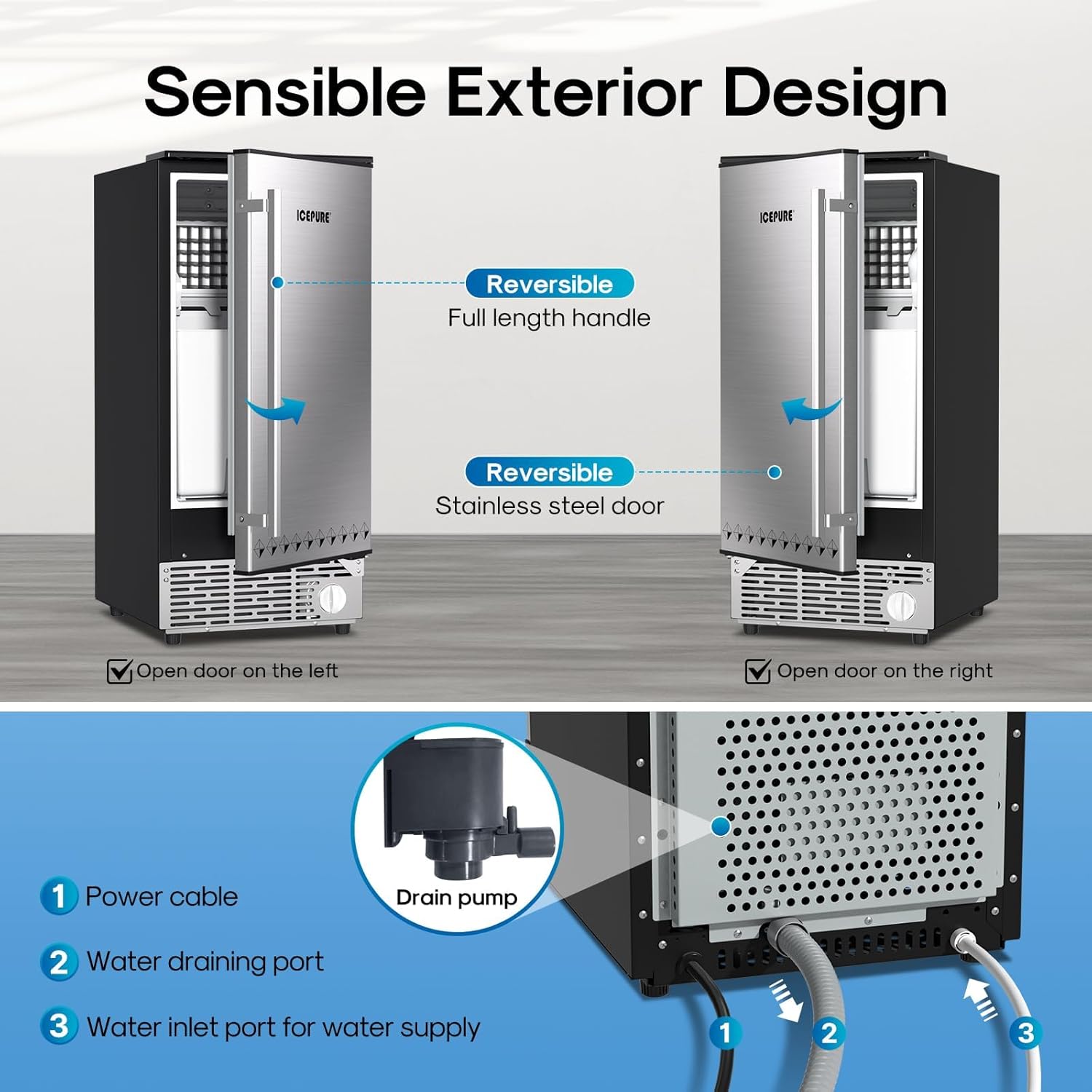 ICEPURE 15" Under Counter Ice Maker with Drain Pump and Filter, WiFi Control, 90lbs/24H, Self-Cleaning, Smart Reminder, 24H Timer, ETL FCC, Freestanding for Residential and Commercial, Stainless Steel