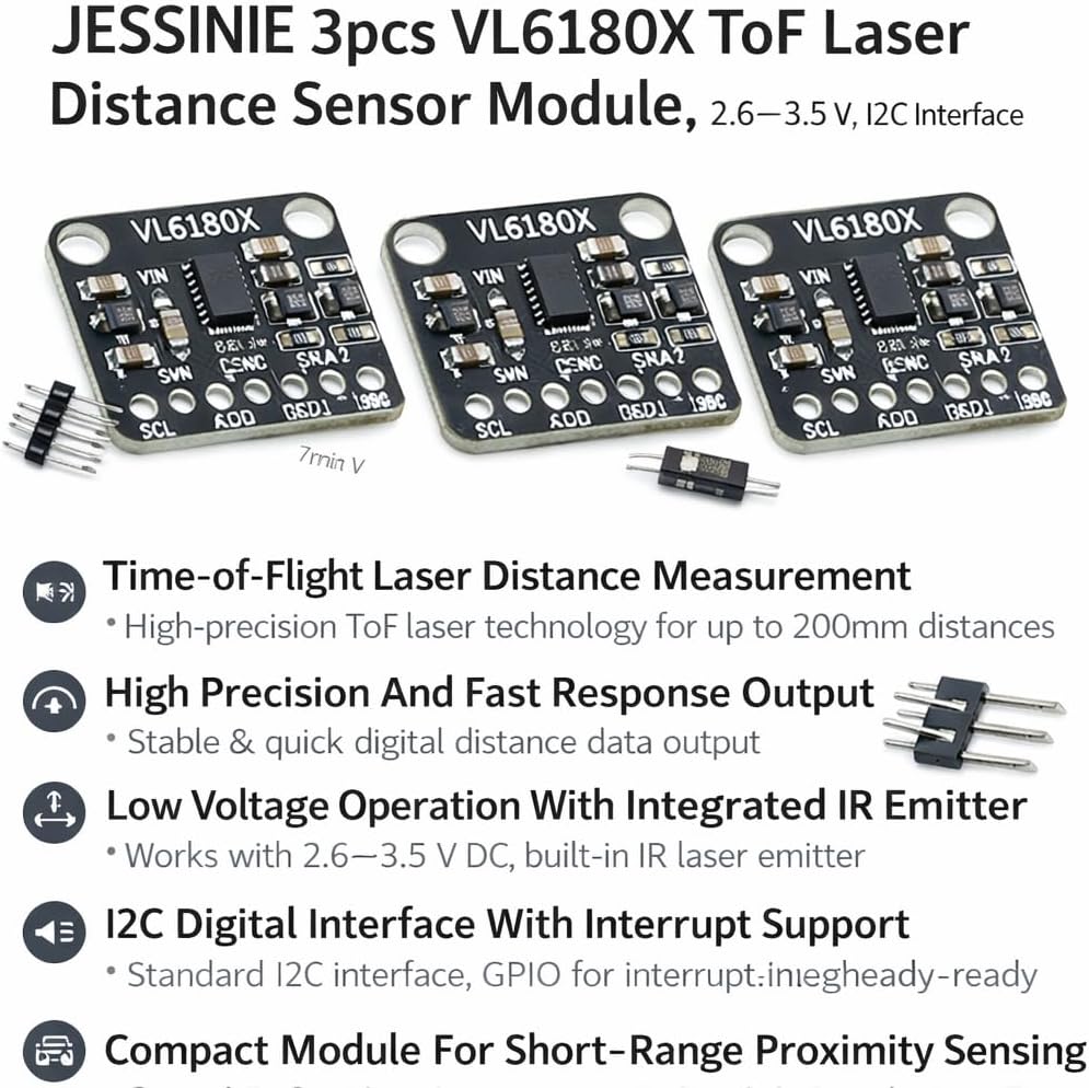 3pcs VL6180X ToF Laser Distance Sensor Module, 2.6–3.5 V, I2C Interface
