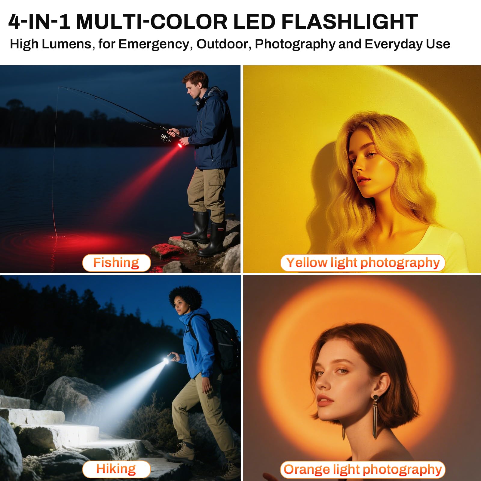 Akumulator Latarka LED 4 w 1, wielokolorowa latarka LED (biała, czerwona, żółta, pomarańczowa), Zoomable, wodoodporna, potężna mała latarka do obserwacji, nocnego wędkowania i nagłych