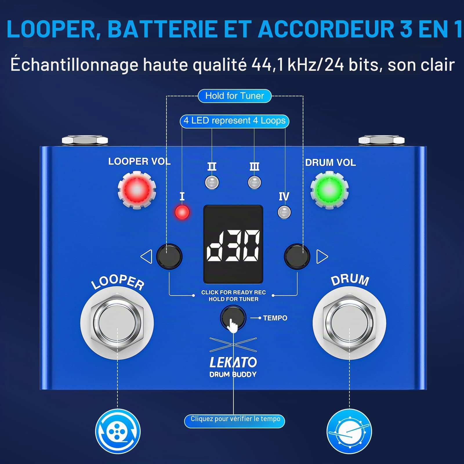 LEKATO Pédale de Boucle de Batterie avec Accordeur, 4 Boucles 11 Minutes Pédale de Boucle avec Boîte à Rythme 30 Batteries avec App pour Guitare Électrique et Basse, Tap Tempo