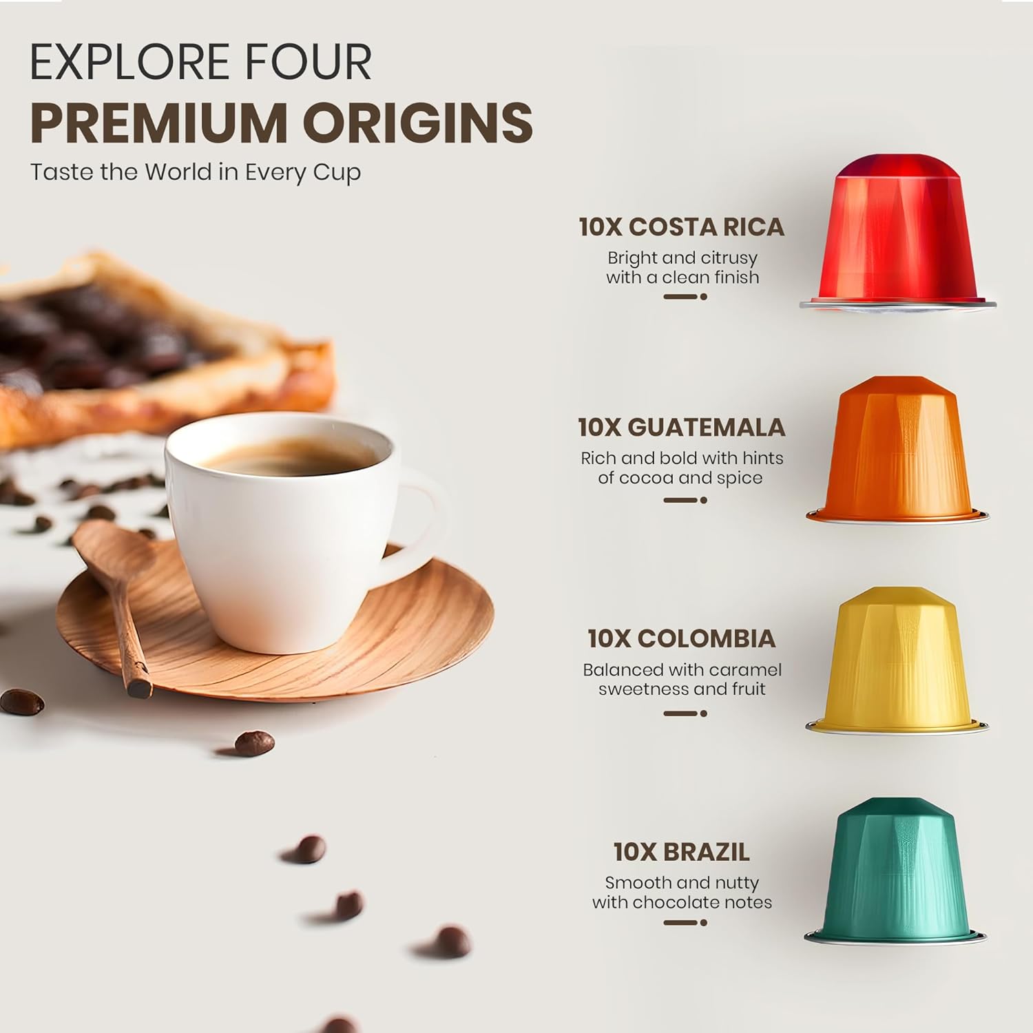 Mondo Coffee Nespresso Compatible Capsules, USDA Organic 40-Pack, Aluminum Pods, 4 Origins Variety Pack (Brazil, Colombia, Costa Rica, Guatemala), Medium Roast