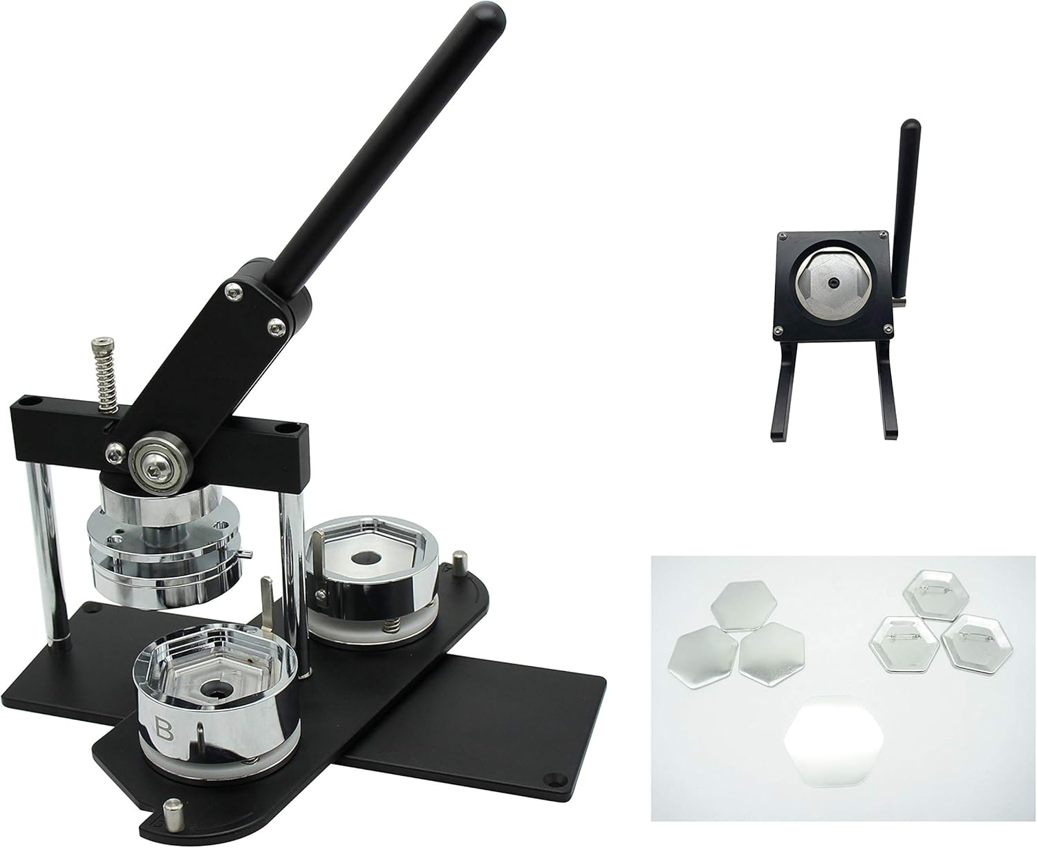 ChiButtons (KIT) Hexagonal 65x58mm Pro Badge Machine Button Maker-B400 + Mould + 100 Parts + Black Stand Cutter Metric System (Black)
