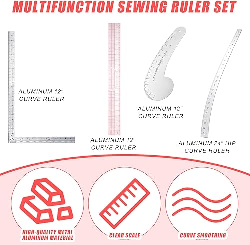 Miniatura 2 de Xuhal El kit de 4 reglas de aluminio para diseñadores de moda incluye regla curva de 12 pulgadas, regla de curva de cadera de 24 pulgadas, regla