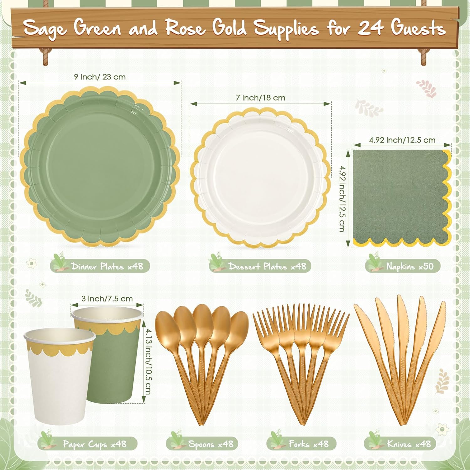 Mimorou 169 Pcs Sage Green and Pink Plates and Napkins Party Supplies Green and Rose Gold Tableware Include Scalloped Plates Paper Napkin Cup Spoon Fork Knife for Baby Shower, Wedding, Birthday
