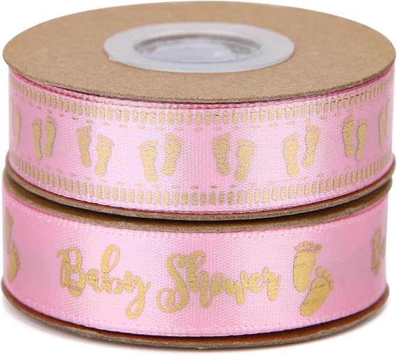 Meseey 20 Yards Baby Ribbon Foot Print Pink and Gold Ribbons for Crafts Cake Baby Shower Birthday,Gift Wrapping, Party Decoration (2 roll Pink)