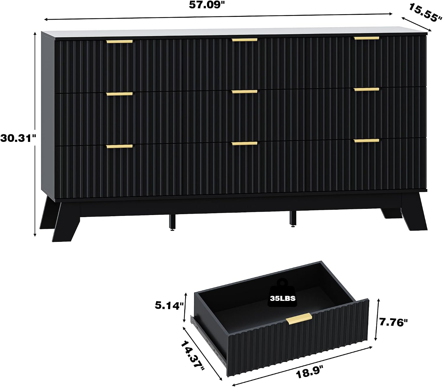 Fluted Dresser for Bedroom with 9 Drawers, 57" Mid Century Modern Dresser of Closet TV Stand, Nature Wood Dressers with Gold Handle, Boho Closet Wide Modern Chest of Drawers, Black