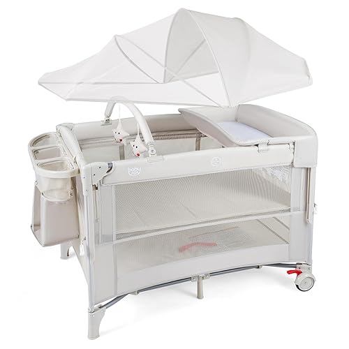 BABY JOY Paquete 5 en 1 con toldo, cama de noche de bebé de 4 alturas de nivel con moisés, cambiador en forma de U, correa de seguridad, cremallera