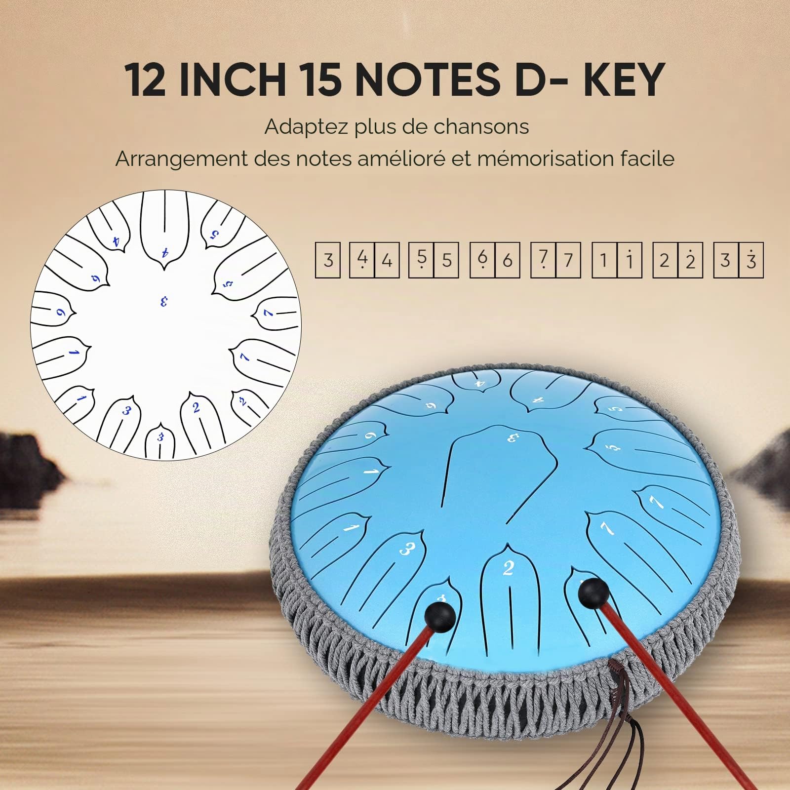 Tambour à langue en acier pour adultes : instrument de musique Handpan Drums Set de 15 notes de 30,5 cm avec sac et livre de musique – Instruments de musique à percussion pour la méditation et le yoga
