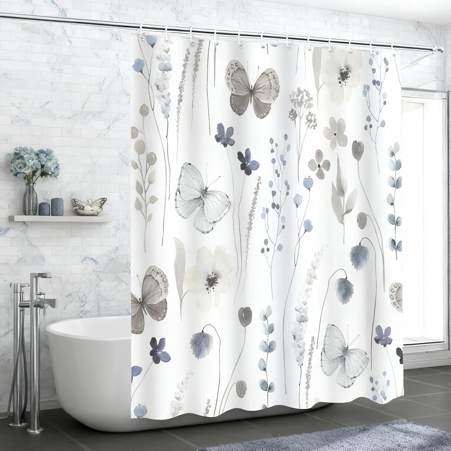 Grey Butterfly Shower Curtain for Bathroom Watercolor Blue Floral and Eucalyptus Leaf Shower Curtains Waterproof Polyester Fabric Bath Curtain 72 x 72 Inch with 12 Hooks