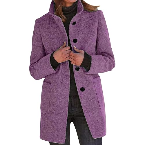 Long Pea Coats for Women Oversized Stand Collar Single Breasted Thicken Blazer Wool Blend Peacoat Jacket with Pockets