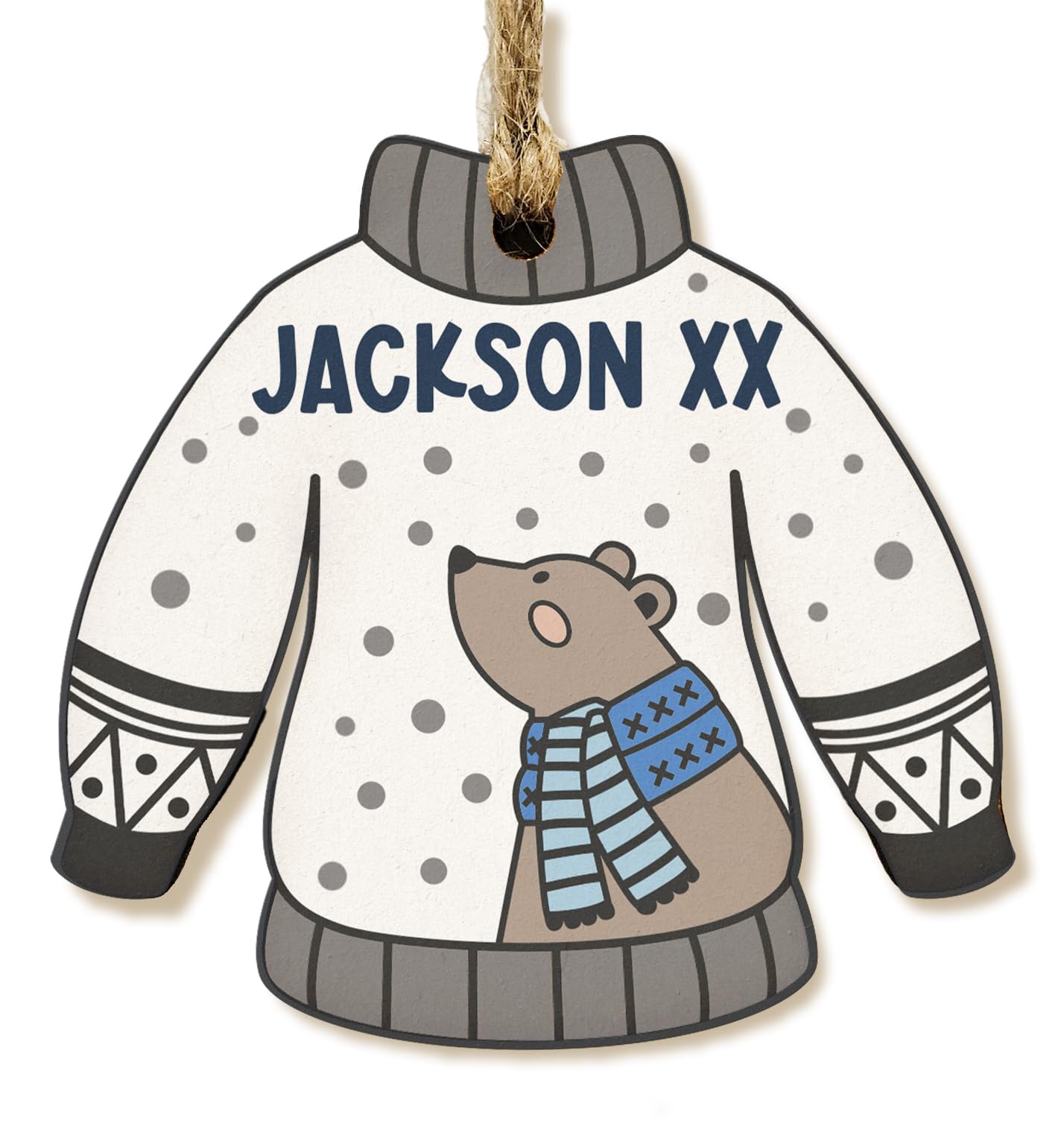The Plum Penguin Personalised Novelty Christmas Jumper Bauble Festive MDF Ornament with Custom Name Choice of Xmas Pattern (Grey Winter Bear)