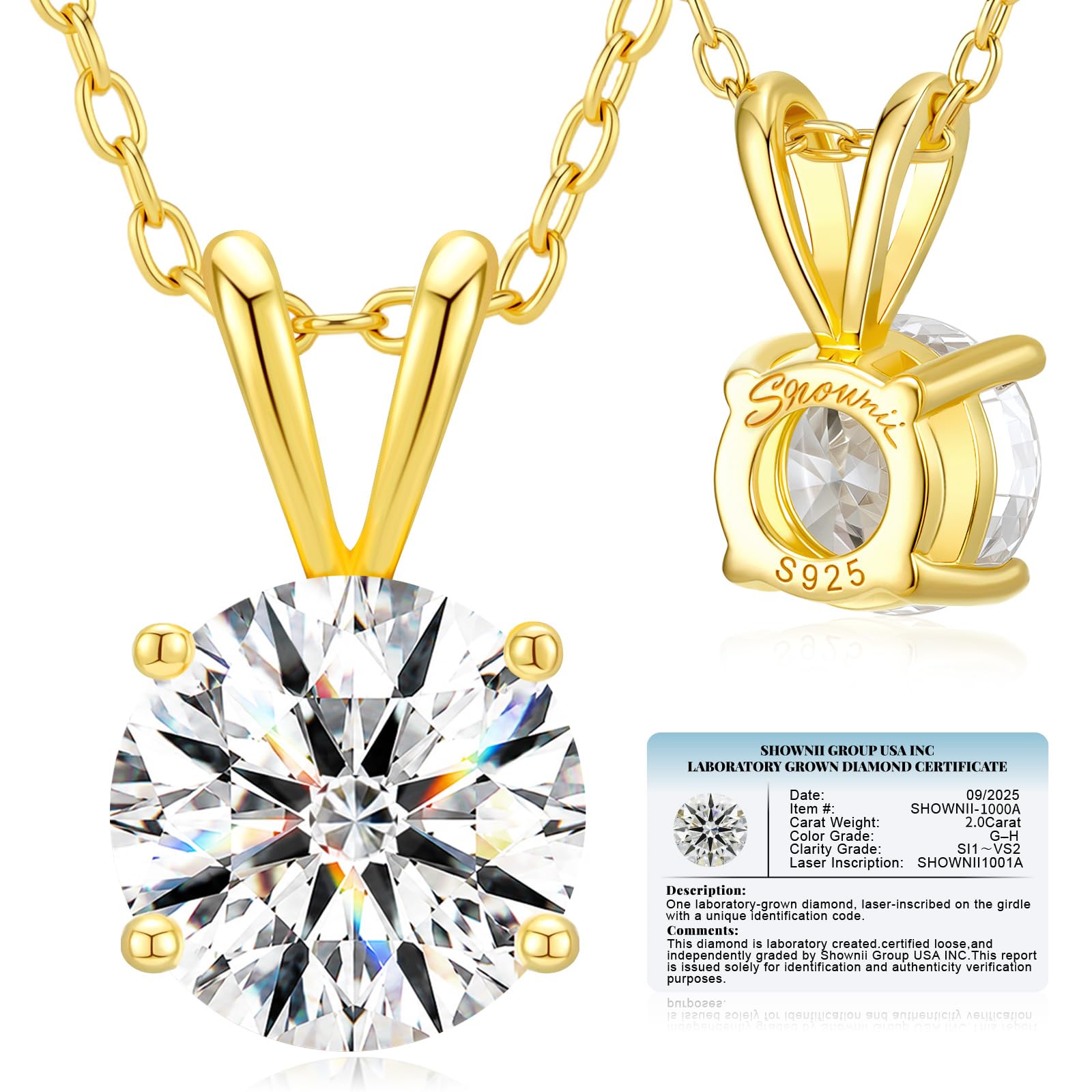 shownii 2CT LAB GROWN Diamond Solitaire Pendant Necklace for Women