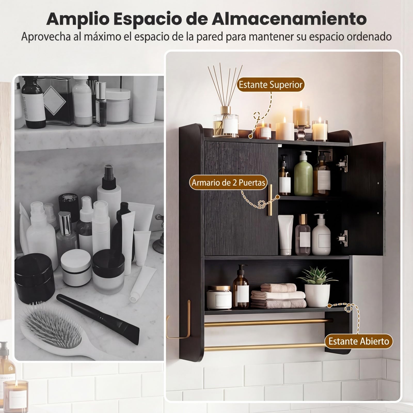 COSTWAY Armario de Pared para Baño, Armario de Almacenamiento con Puertas, Estante Ajustable, Compatimento Abierto, Barra para Colgar, Mueble Colagnte para Cocina, Salón, 55 x 20 x 80 cm (Negro)