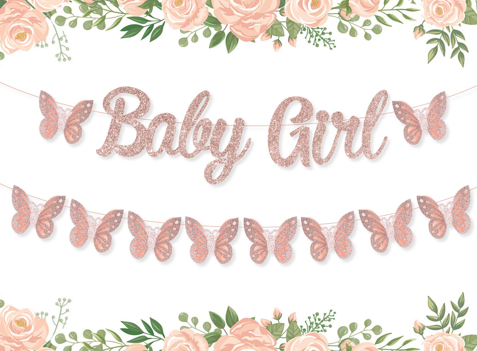 "A Little Butterfly Is On The Way" Baby Shower Banner - Rose Gold Glitter Butterfly Decorations For Girl Shower Or Kids Birthday