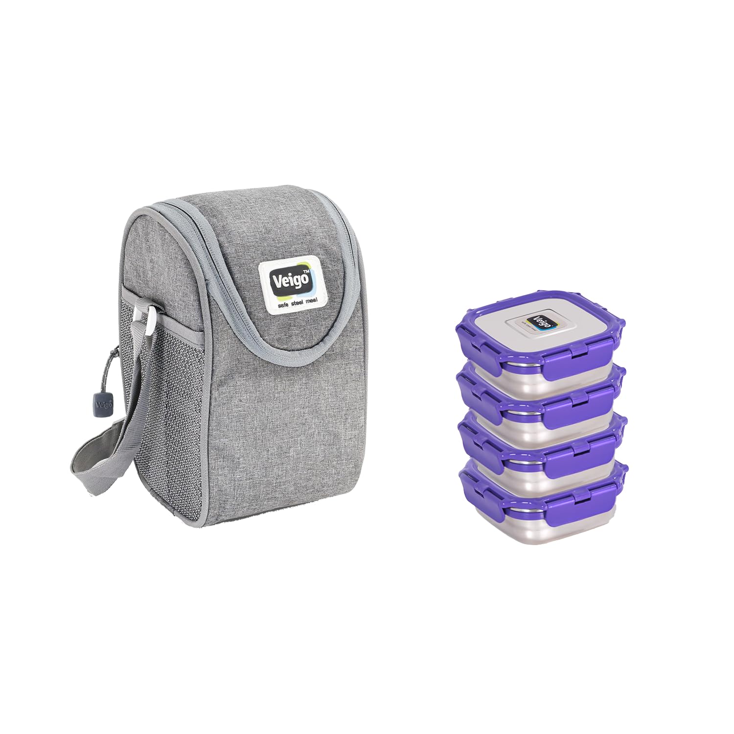 Veigo Stainless Steel Medium Snack Box Set of 4 (330 ml + 330 ml+ 330 ml+ 330 ml) with Insulated Pouch | Airtight & Leakproof| Freezer & Dishwasher Safe| Snacks Box for School| Safe Lid Lock| Purple