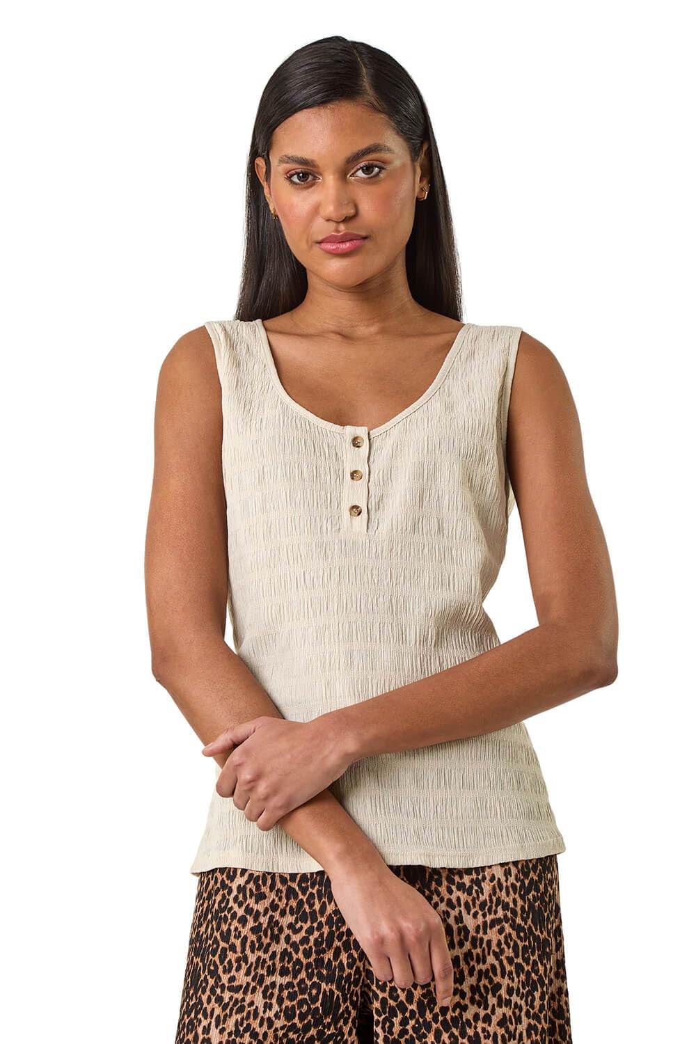 Roman Women's Stone Buttoned Stretch Vest Top In | Size: 20