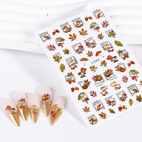 Miniatura 4 de Calcomanías de arte de uñas de hoja de arce de otoño, hojas de otoño 3D, diseño de calabaza y hongos para uñas, decoración de calcomanías de