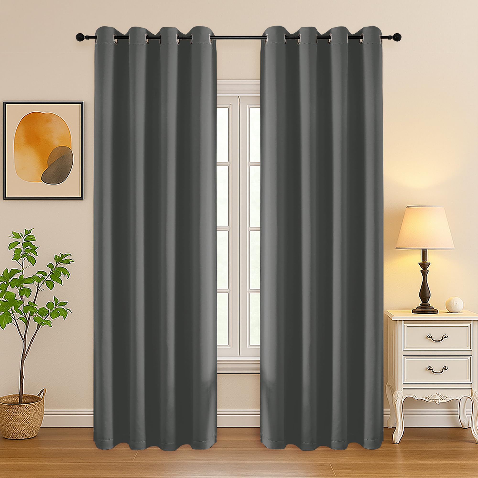 Simplebrand Light Grey Room Darkening Curtains for Bedroom Living Room 84 Inch Length 2 Panels Set, Thermal Insulated Curtains &amp; Drapes, Solid Grommet Noise Reducing Window Treatment, W50 x L84 Inch