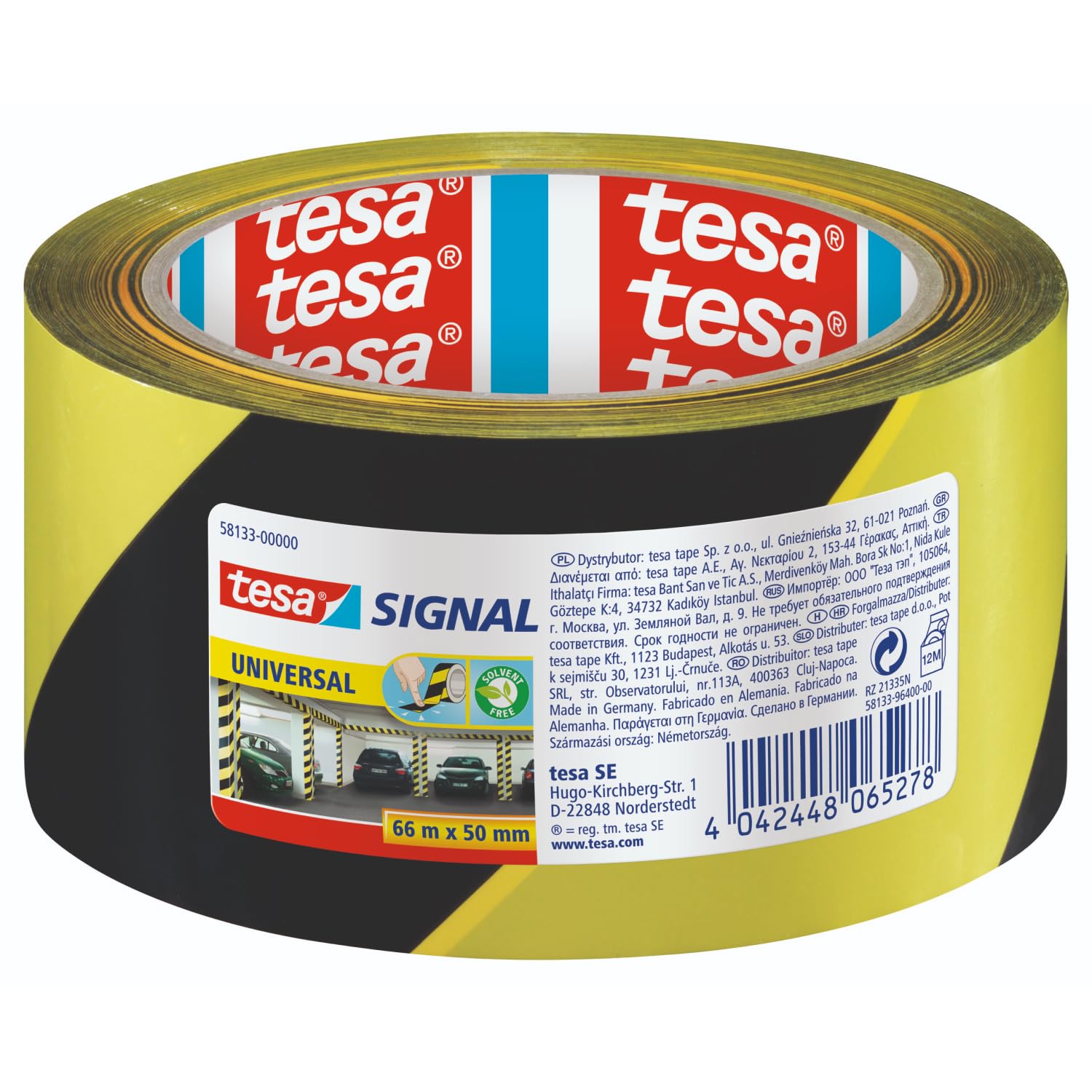 tesa Signal Markierungsklebeband UNIVERSAL - selbstklebendes Warnband zur permanenten Markierung und Kennzeichnung von Gefahrenzonen - aus robustem PP - 66 m x 50 mm - Gelb/Schwarz