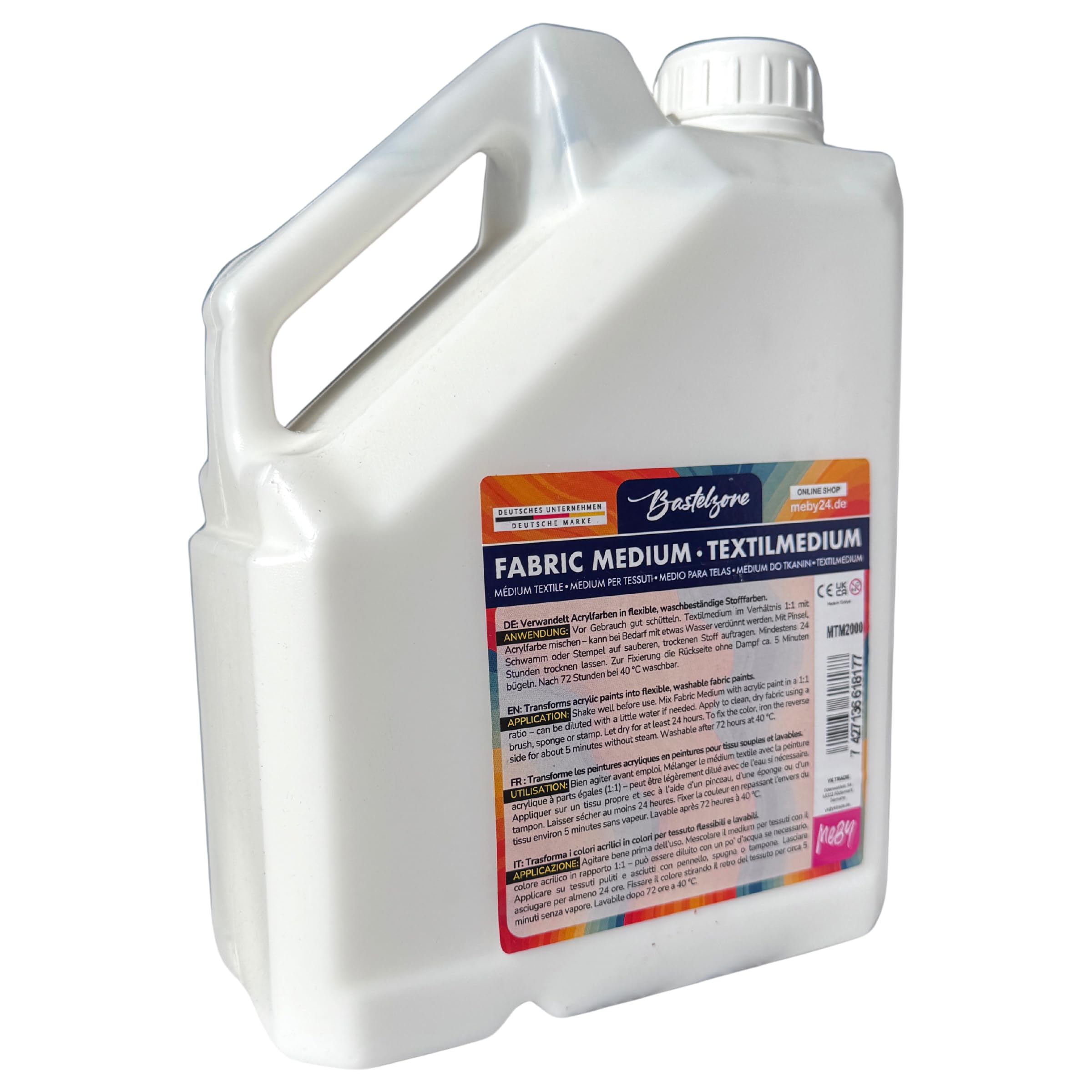 MEBY Textilmedium 2 Litri. Trasforma i colori acrilici in colori per tessuti. Maggiore aderenza sui tessuti. Resistente al lavaggio in lavatrice e alla lavastoviglie. Medium per dipingere su tessuto