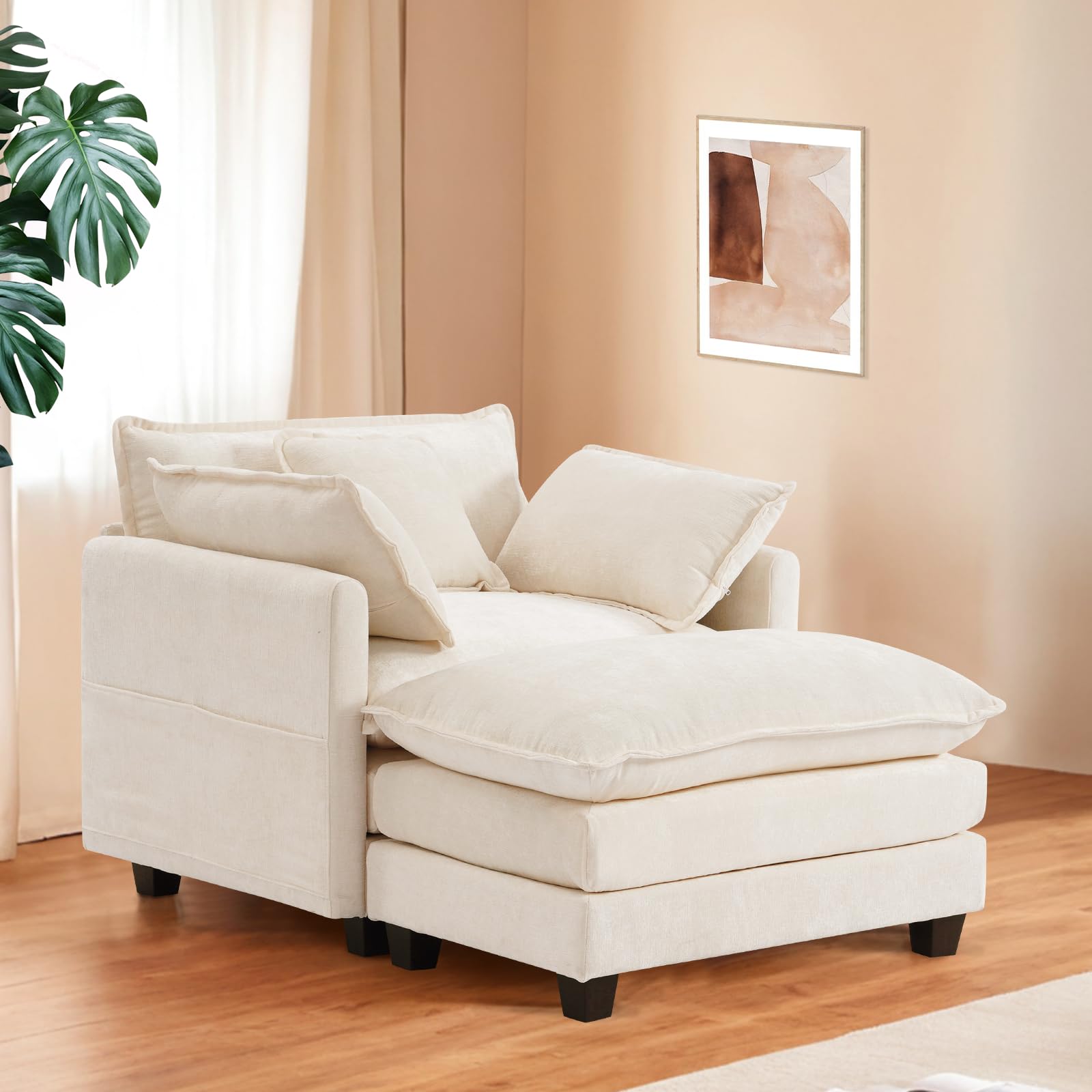 Oversized Boneless Chaise Lounge Chair - No Assembly Chenille Upholstered Sofa Bed With Ottoman, Beige