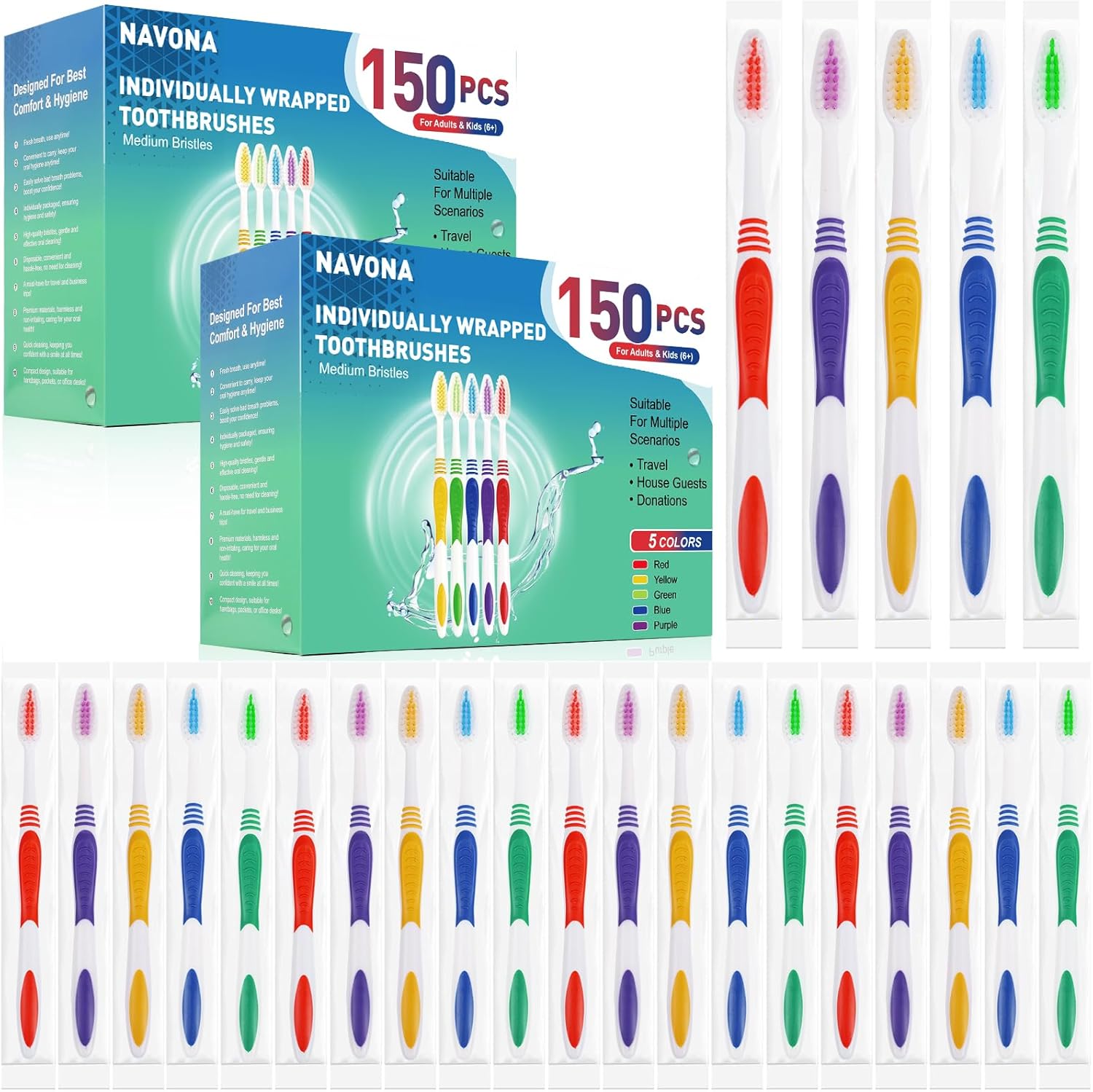 Navona 300 PCS Premium Individually Wrapped Bulk Toothbrush Pack, Disposable Toothbrushes, Kids Toothbrush, Medium Soft Bristle Toothbrushes, Ergonomics Handle, Perfect for Travel Hotel Donation