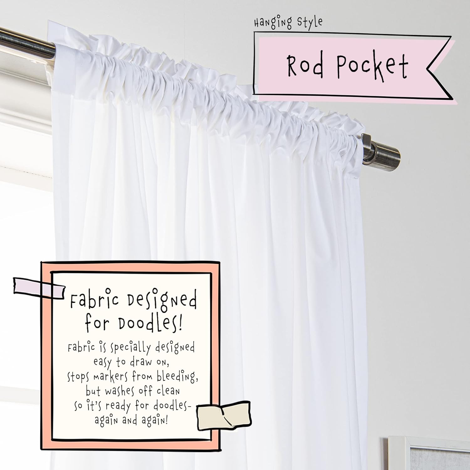 Best Home Fashion Keedle Doodle DIY Customizable Kid's Curtain Decoration Set with 2 Window Treatment Panels & 10 Assorted Color Washable Markers for Kids Bedroom, Arts & Craft Project, 52" W x 84" L