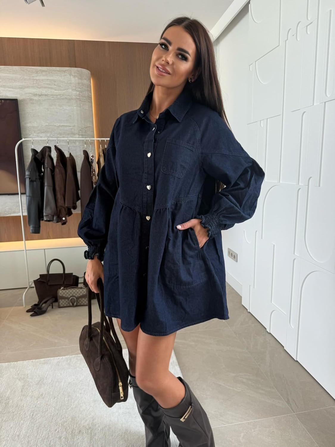 utcoco Women's Oversized Denim Shirt Dress Casual Long Sleeve Heart Button Mini Dress with Pockets (Large, Dark Blue) - Image 6