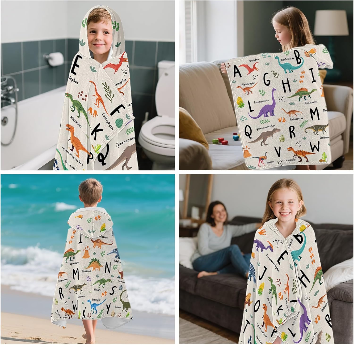 Dinosaur Hooded Beach Towel for Kids, Alphabets Hooded Towels for Toddlers 30" x 50", Kids Beach Towels for Pool, Travel, Swim, Dinosaurs Wearable Bath Towel for Girls, Toddlers - Image 7