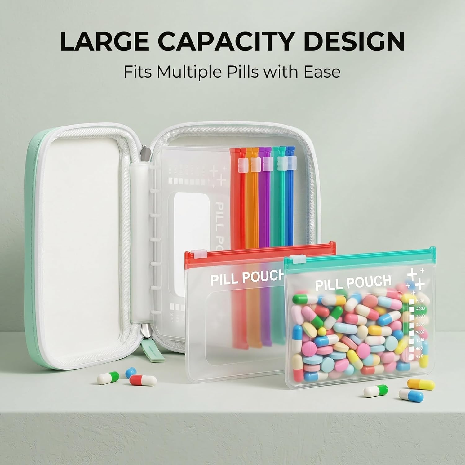Pill Pouch Organizer Binder A7 Waterproof Travel Weekly Pill Organizers with 14 PCS L Size Zippered Pouches Large Purse Medicine Box Pouch Bag Reusable Pocket Pharmacy with Color-Coded Labels(Green)